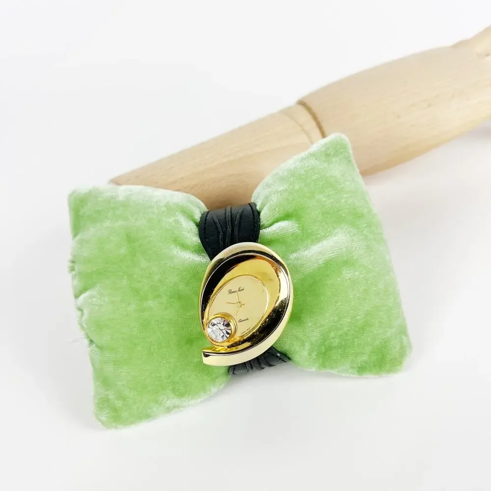 Vintage Renee Nicol quartz watch gold rhinestone diamond and black band working
